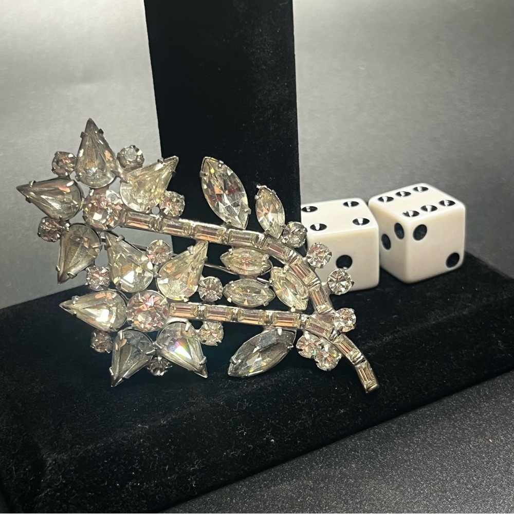 Vintage clear rhinestone floral spray brooch silver tone statement pin